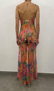 Womens | Plum Polyester Stripe Net High Low Maxi Dress | Multi Fruit