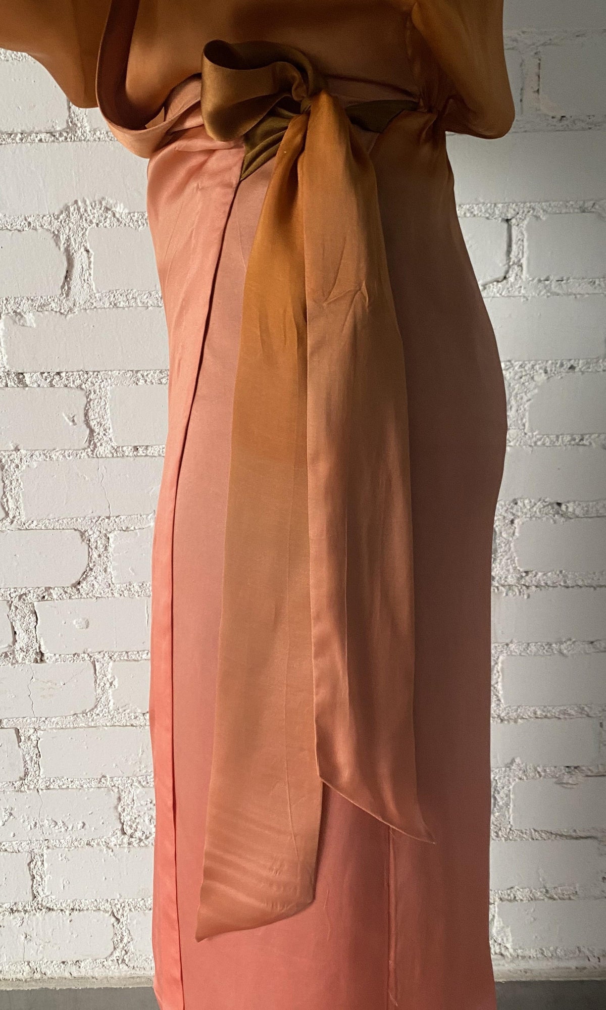 Rococo Sand | Rae Viscose Satin Long Dress | Peach Brown Ombre