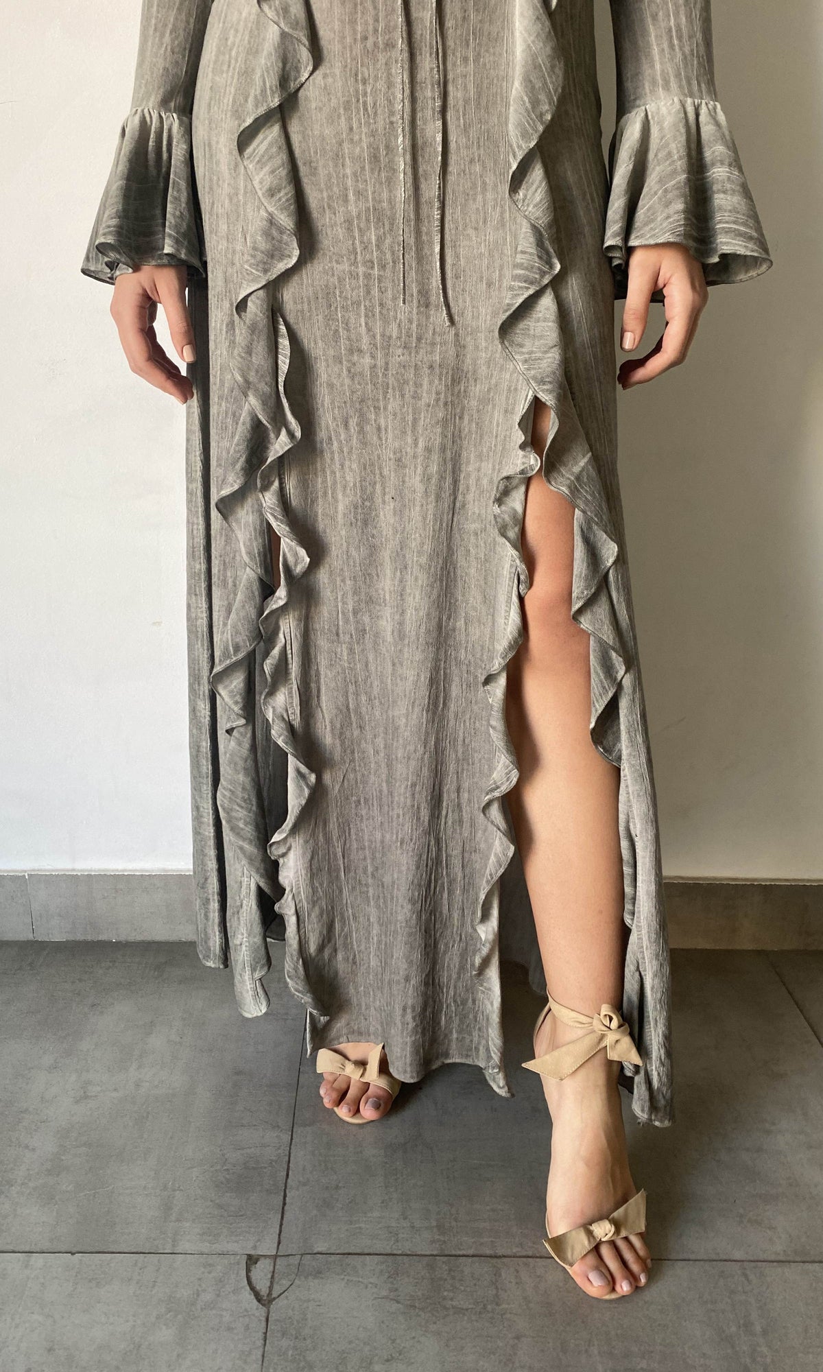 Womens | River Viscose Cotton Georgette Deep V-Neck Long Sleeve Maxi Dress | Grey