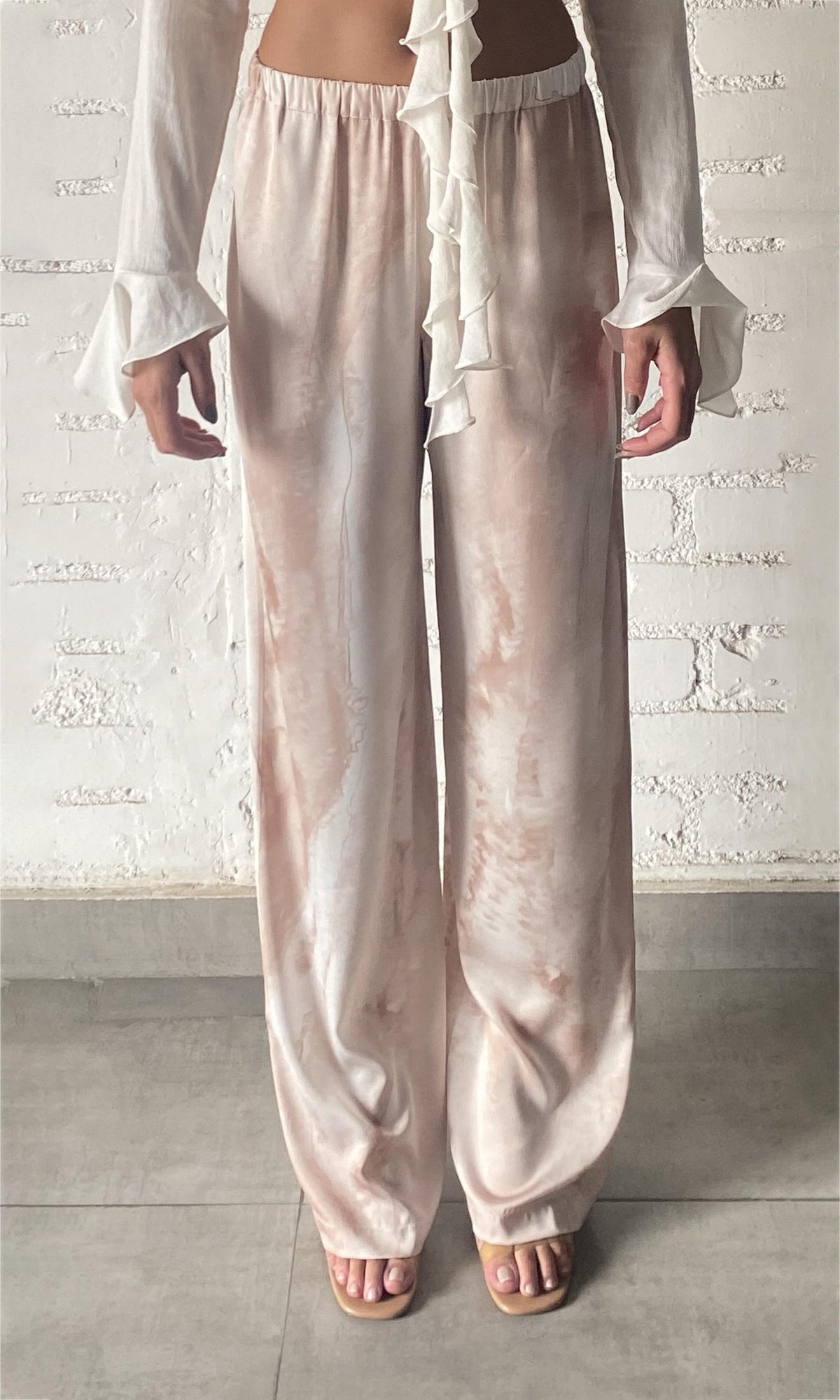 Womens | Ryan Polyester Satin Lycra Tie-Dye Trouser | Light Brown