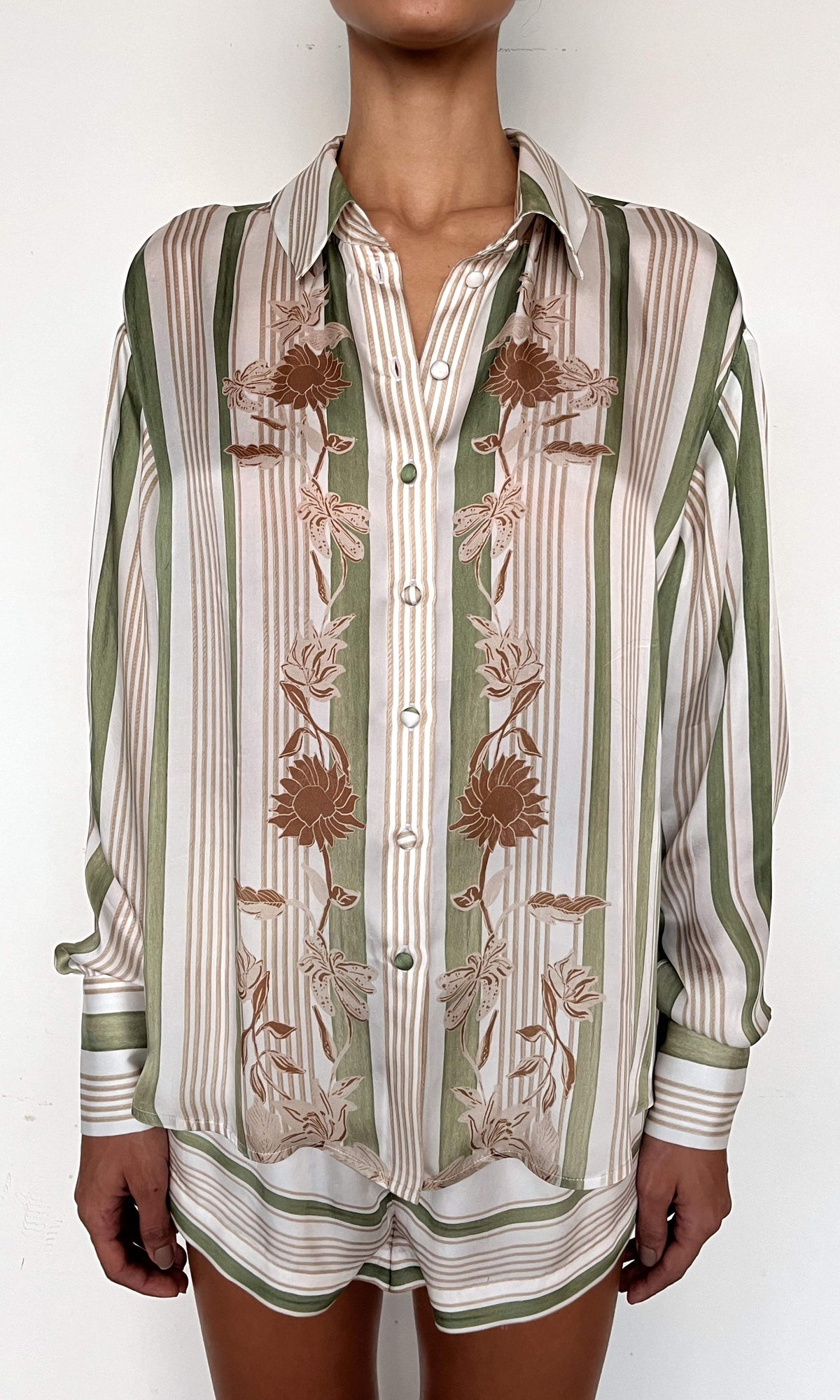 Rococo Sand | Taio Viscose Satin Over Sized Shirt | Off-White Green