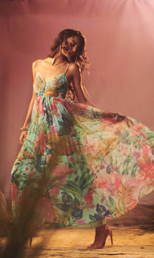 Rococo Sand | Zazu Chiffon Long Dress | Motley Tropical On Mint Green