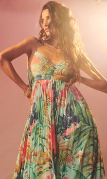 Rococo Sand | Zazu Chiffon Long Dress | Motley Tropical On Mint Green