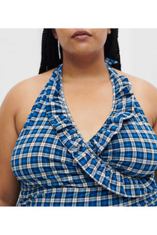 Recycled Seersucker Recycled Seersucker Frill Halterneck Swimsuit | Check Azure Blue