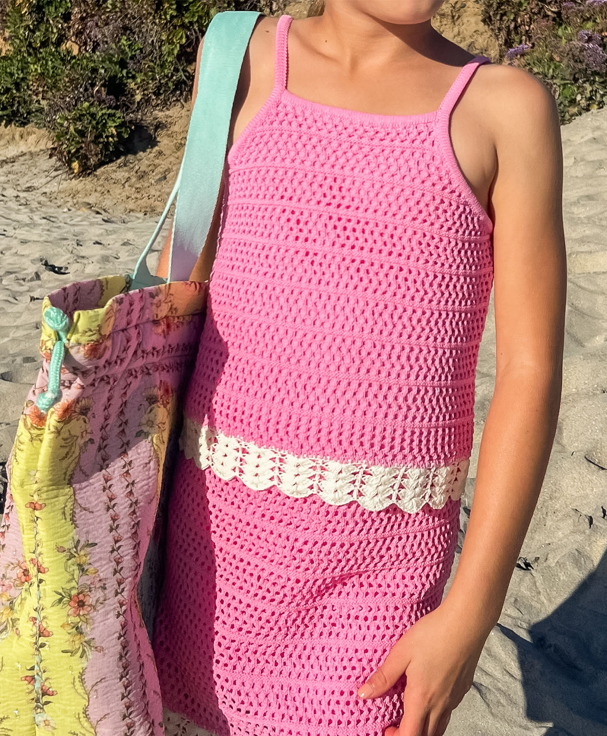 Kids Rosy Kennedy Set — soft pink crochet outfit with white trim, perfect for sunny beach or poolside days.