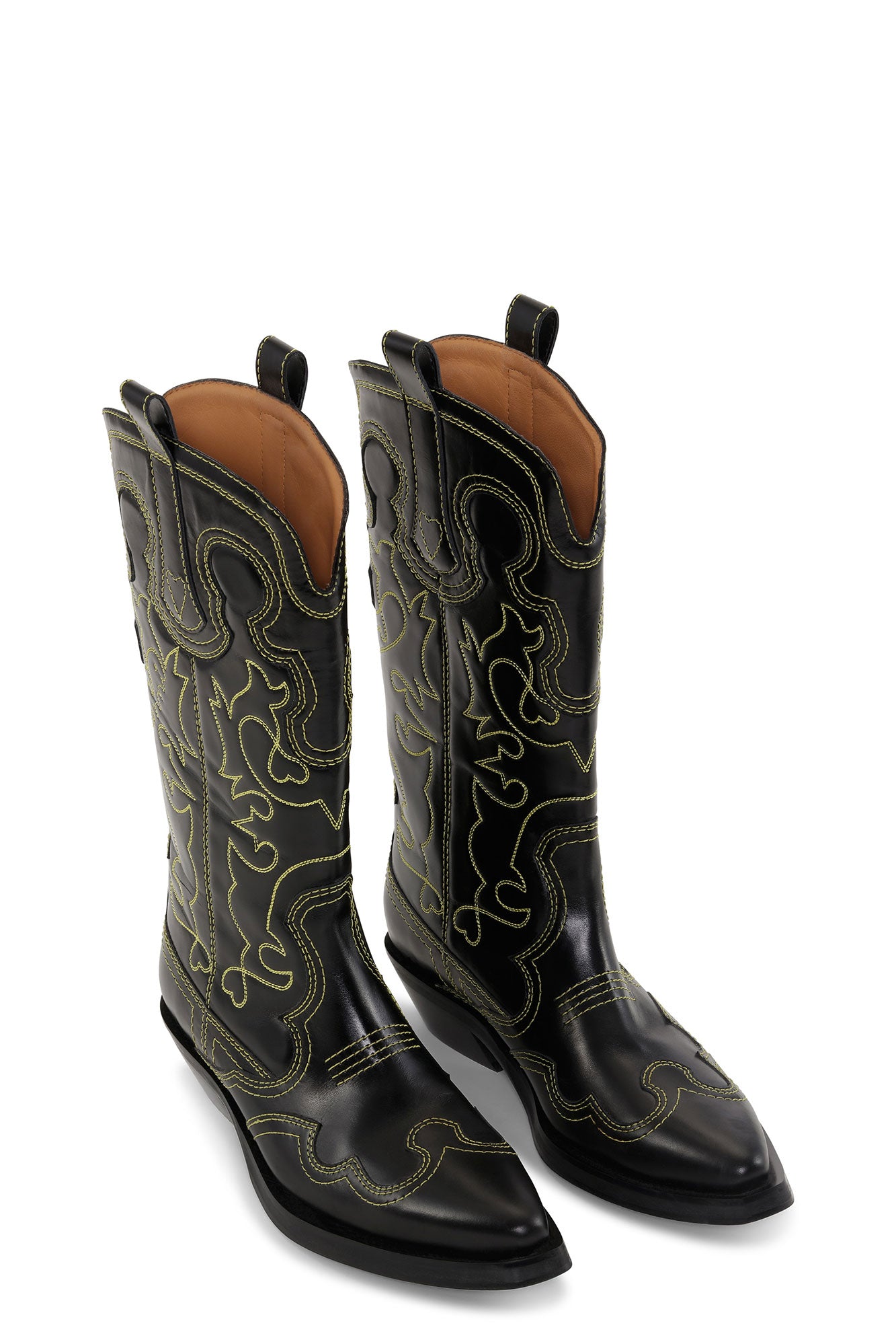 Mid Shaft Embroidered Western Boot Yellow Stitch | Black
