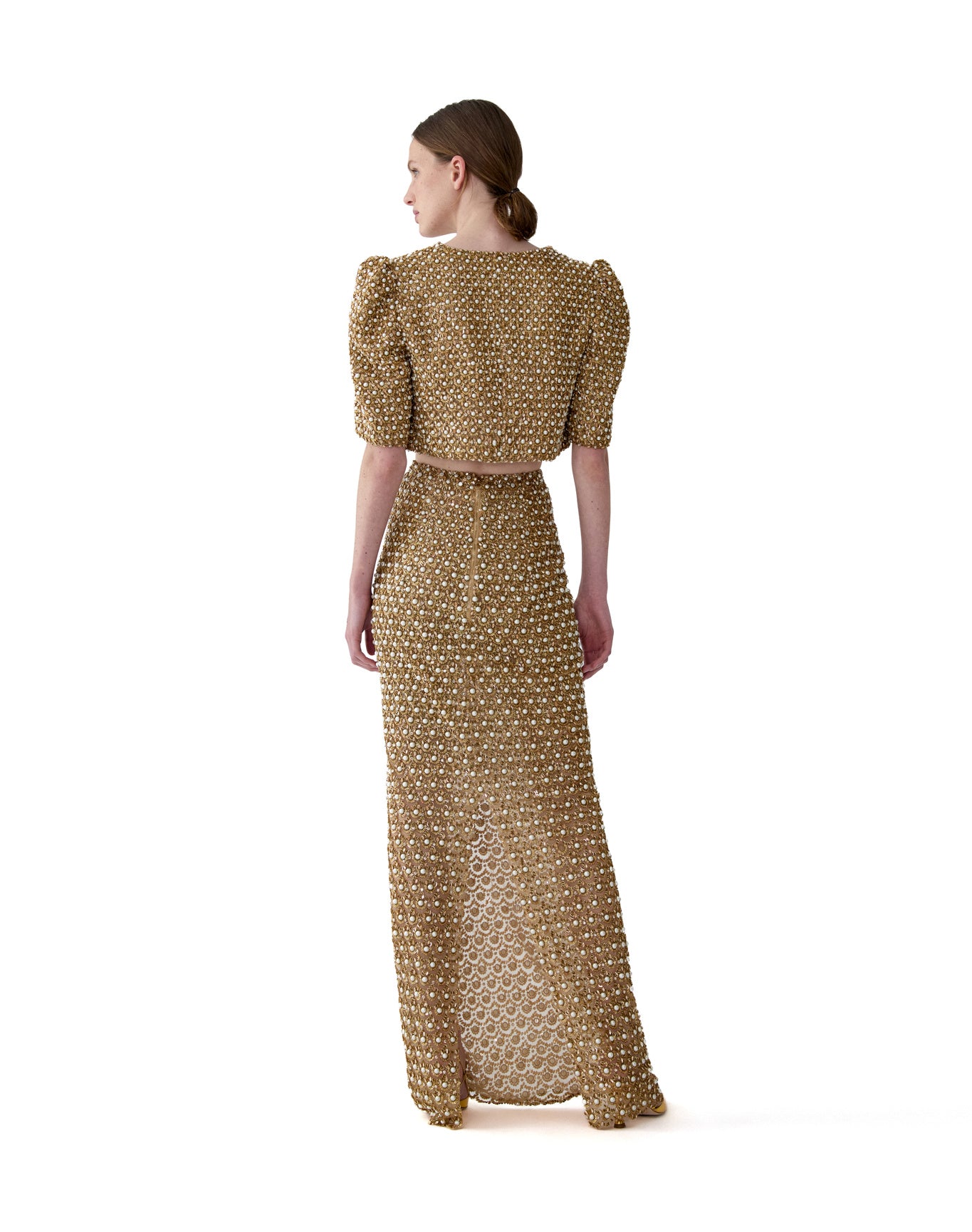 Embroidered Column Skirt | Gold