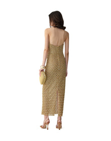 Embroidered Strapless Deep V Column Dress | Gold