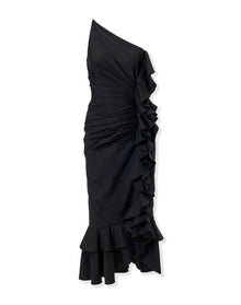One Shoulder Ruched Midi Dress With Ruffle | Black