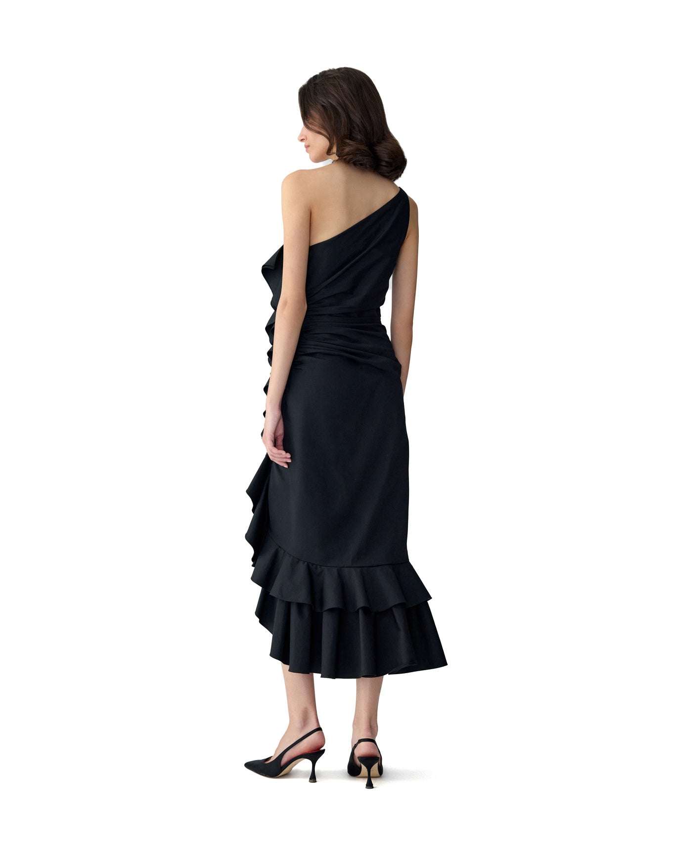 One Shoulder Ruched Midi Dress With Ruffle | Black