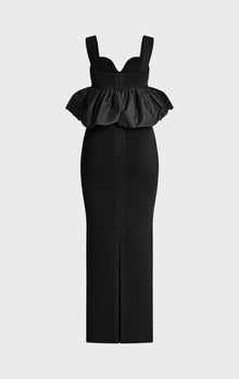 Ruched Nylon Peplum Gown | Black