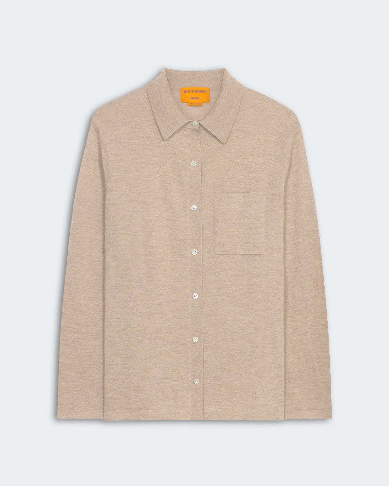 Showtime Shirt - Taupe women's button-down cashmere shirt with collar and front patch pocket, extra lightweight knit.