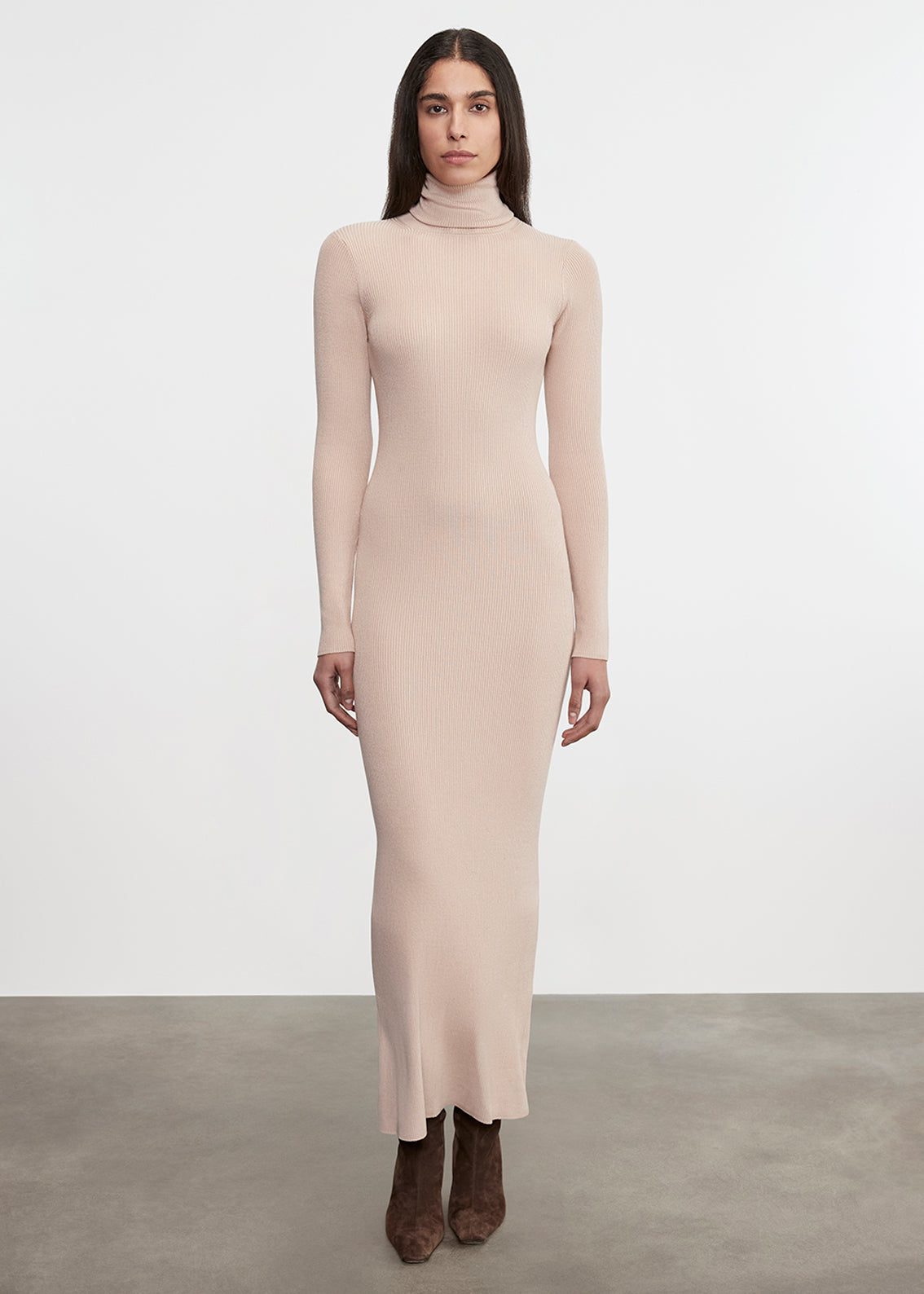 Silk Sweater Rib Ankle Turtleneck Dress | Jute