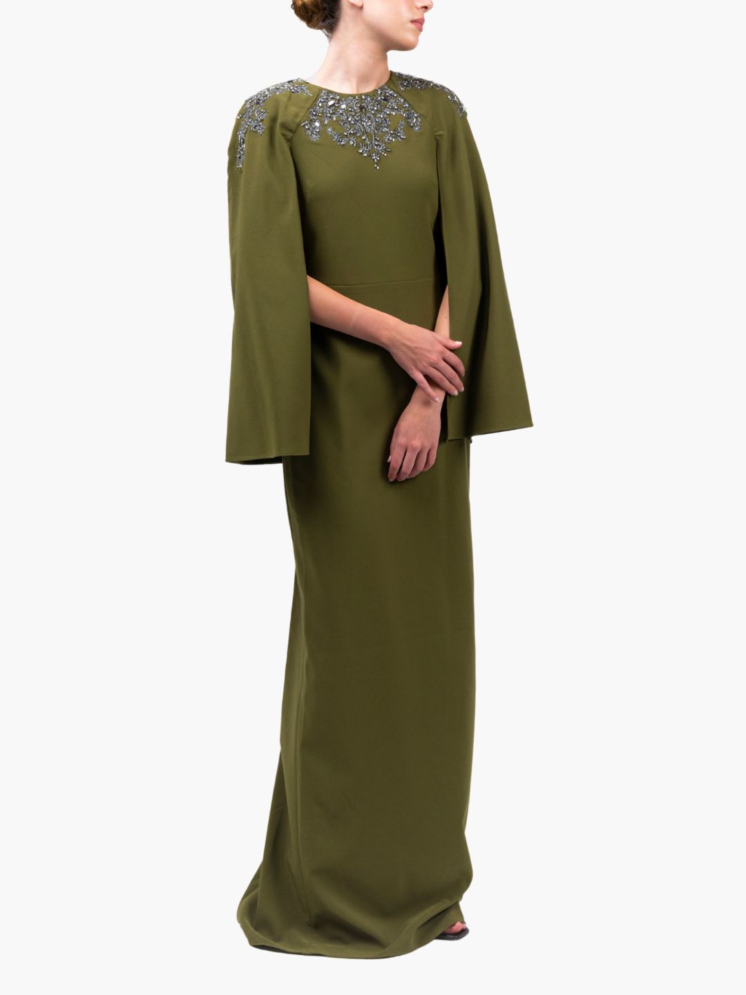 Stretch Crepe Cape Gown | Green