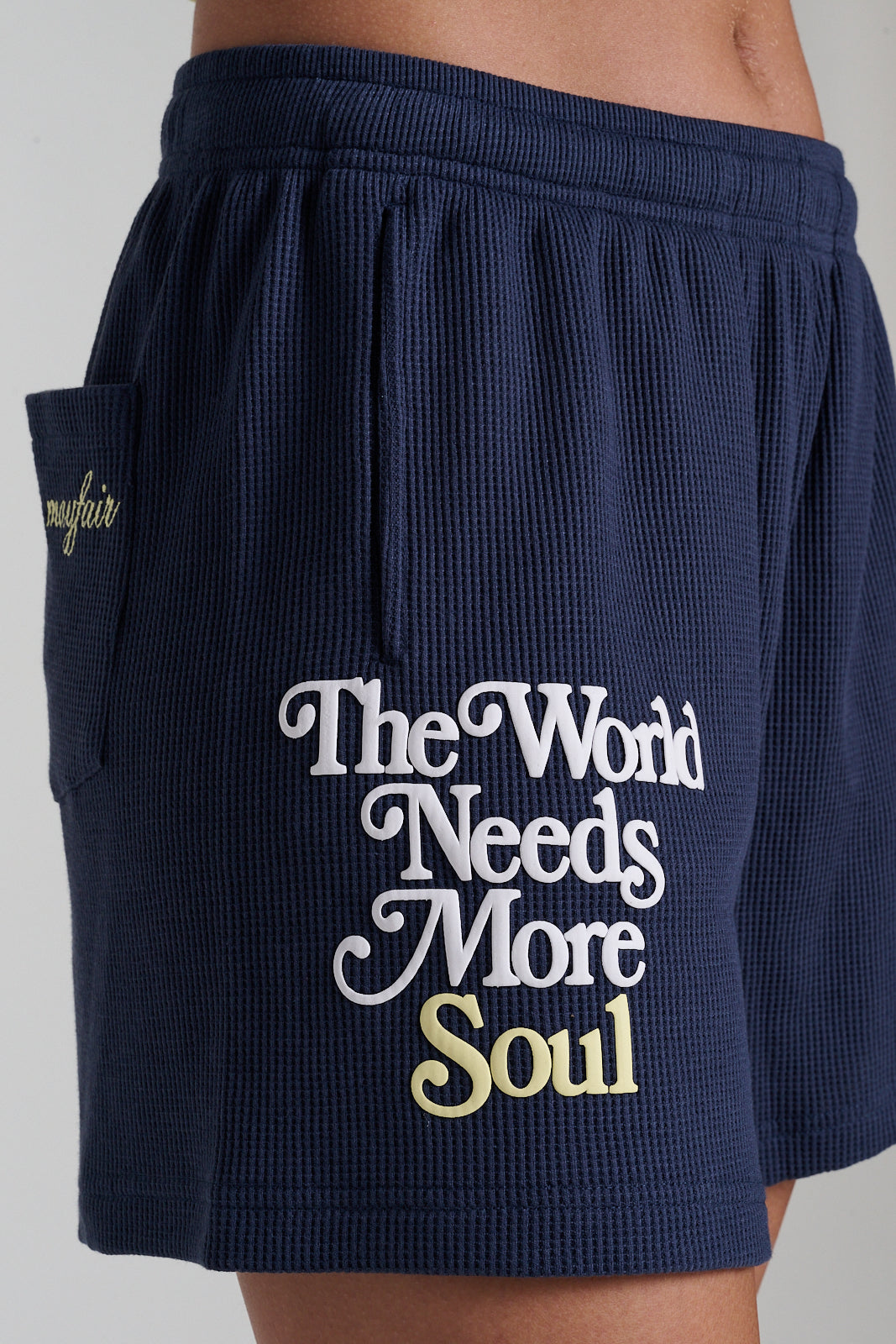 The Mayfair Group | The World Needs More Soul Waffle Sweatshorts | Navy