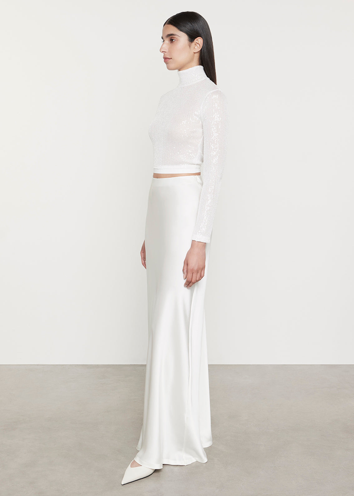 Sequin Cropped L/S Mock Neck | Off White