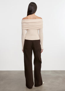 Silk Rib L/S Off-Shoulder Top | Fawn