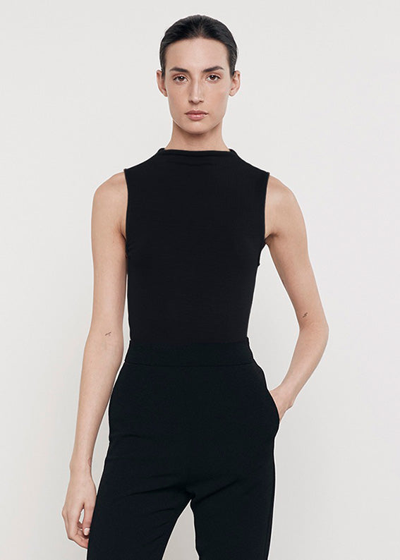 Silk Rib Sleeveless Mockneck | Black