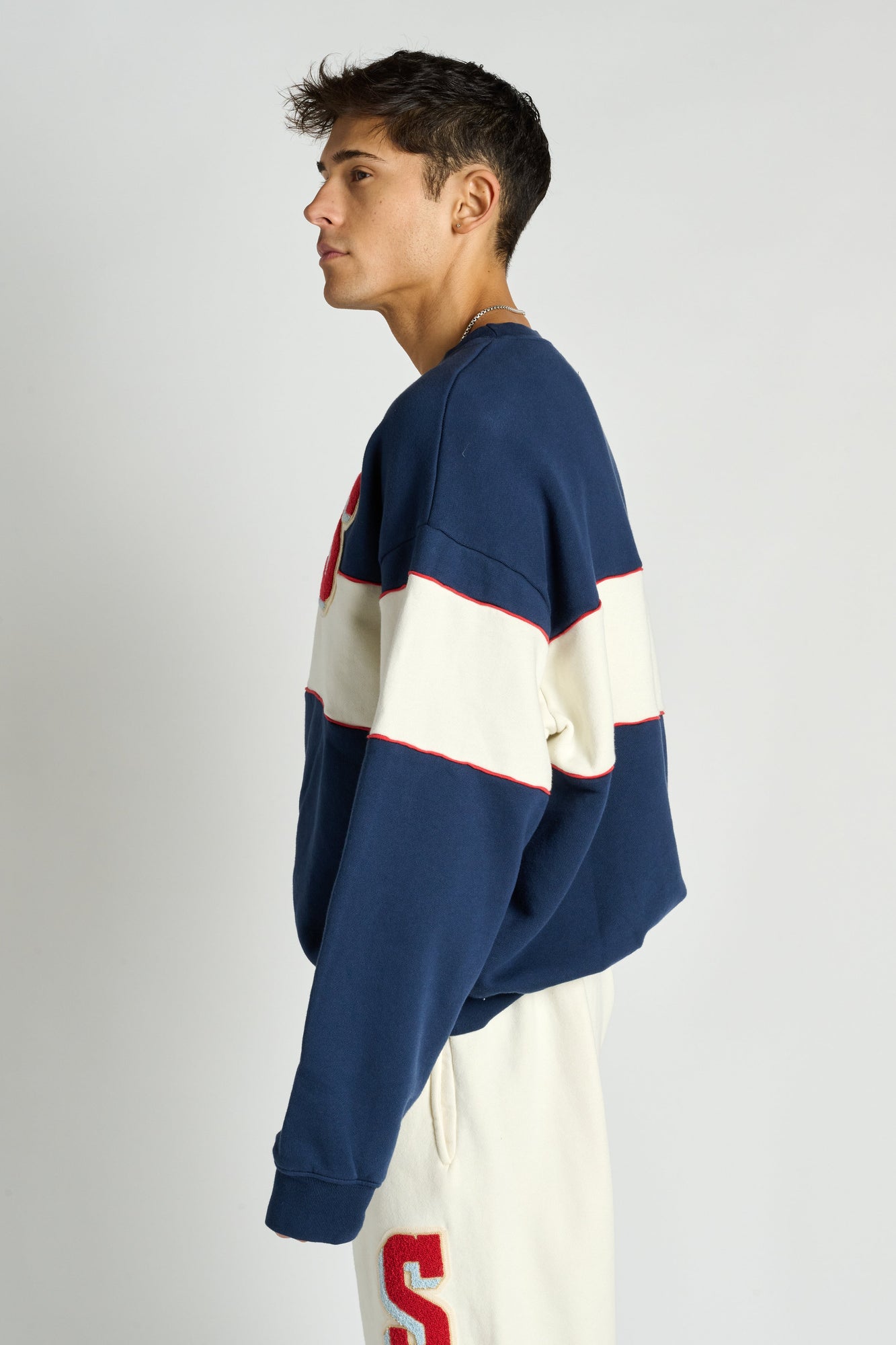 Soul by SoulCycle | Dakota Rugby Crew Neck W/ Chenille Patch | Navy/Cream