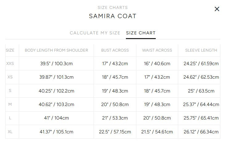 Product size guide