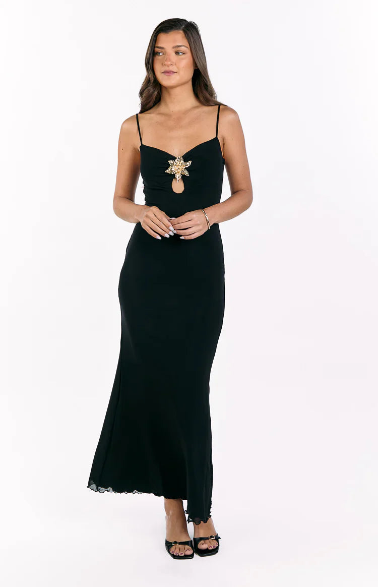 Selina Hibiscus Trim Maxi Dress | Black