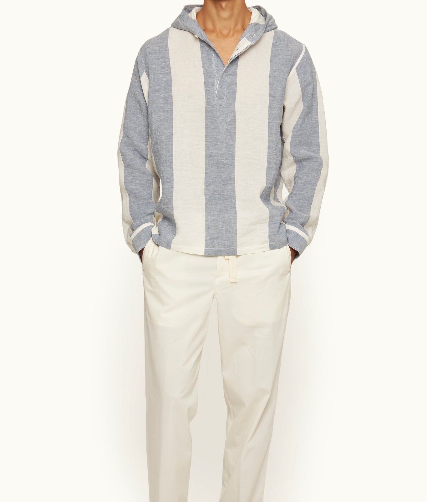 Shanklin Relaxed Fit Overhead Hooded Stripe Linen Shirt | Bergamo Blue/White Stripe
