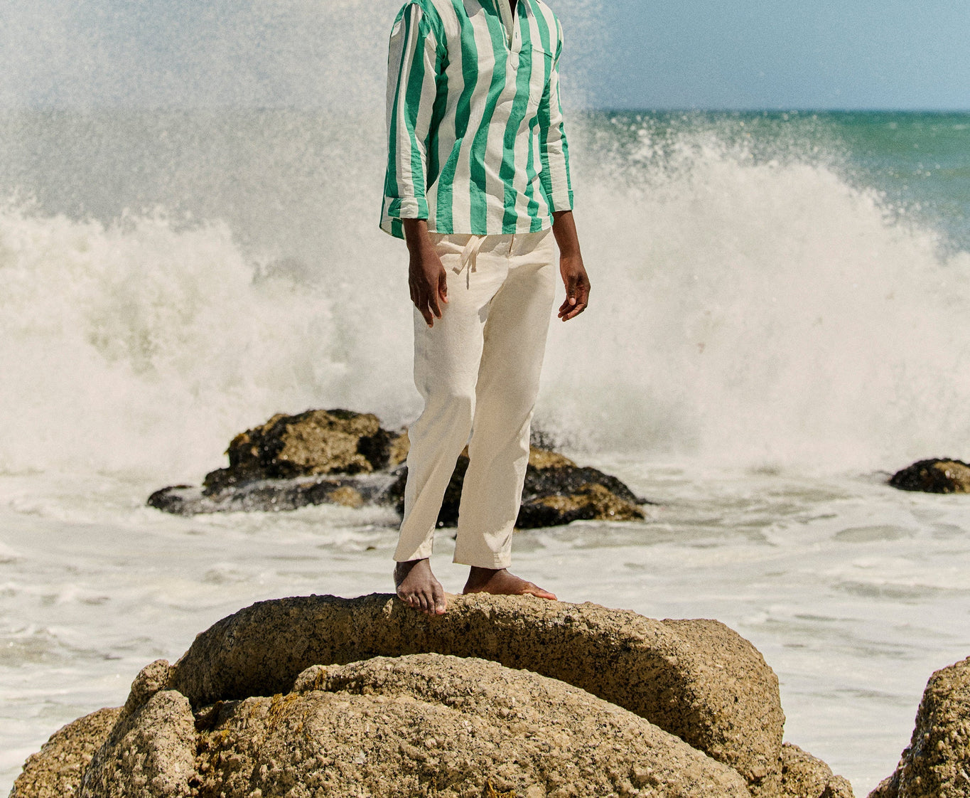 Shanklin Stripe Striped Overhead Open Collar Linen Shirt Green/White Sand | Green/White Sand