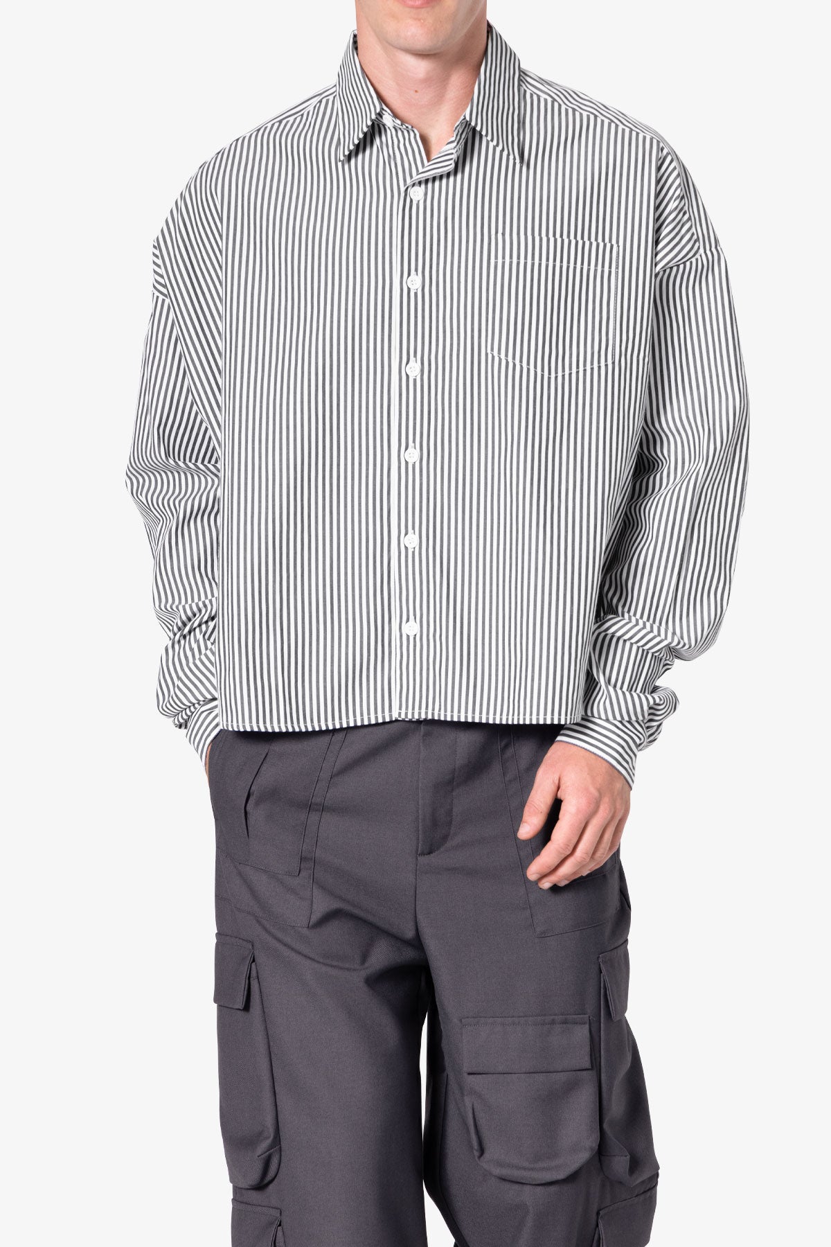 Striped Cropped Button Down Shirt | Black