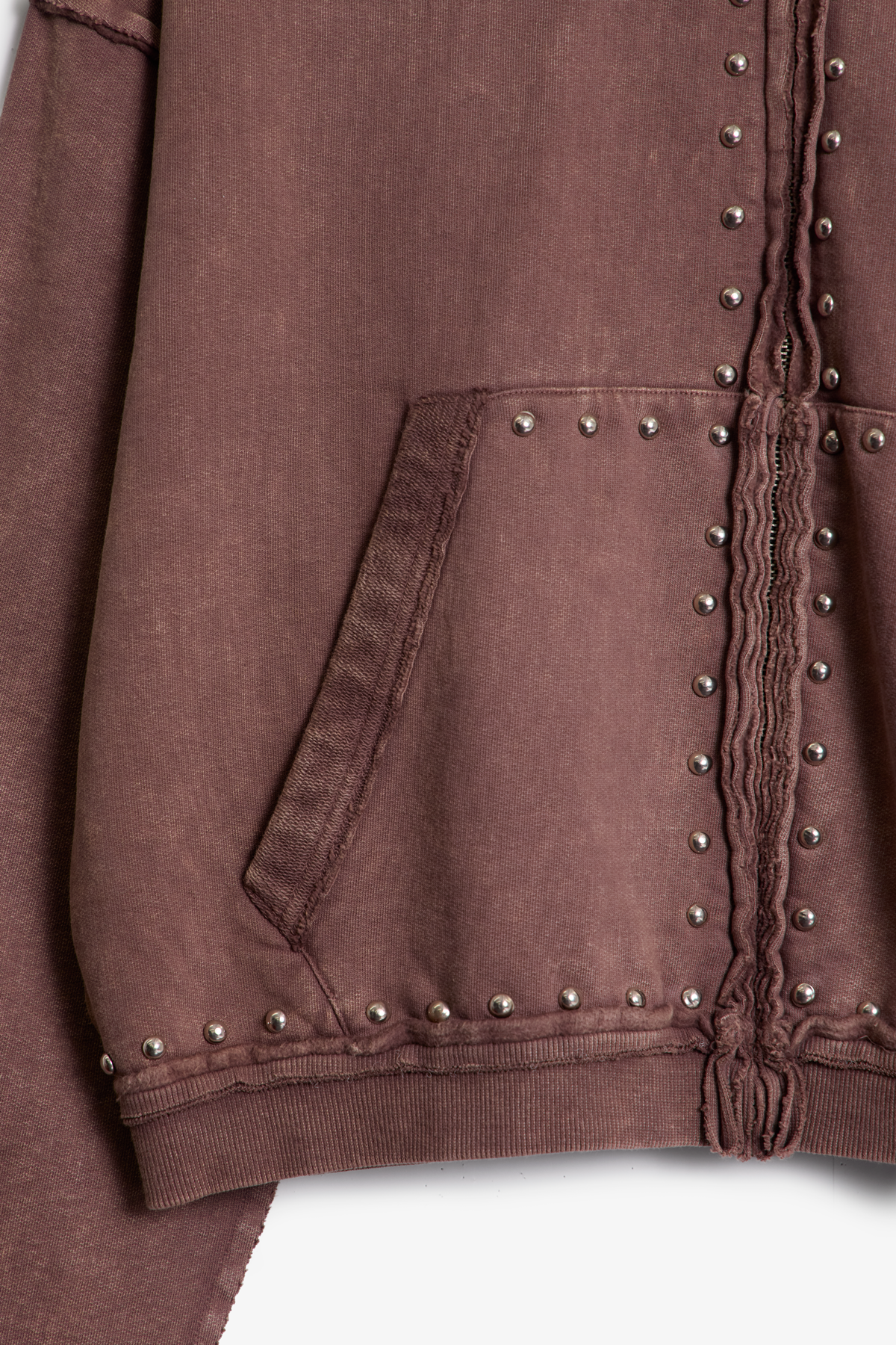 Studded Ruffle Zip Up Hoodie | Washed Brown