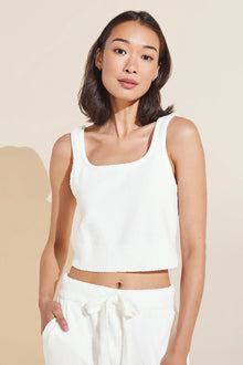 Model wears Recycled Boucle Cropped Tank in Ivory.