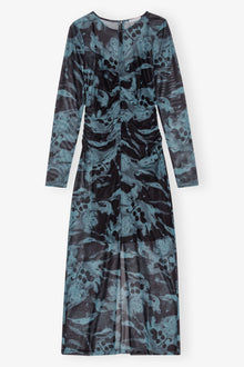 Printed Mesh O-neck Ruched Long Dress | Blue Shadow