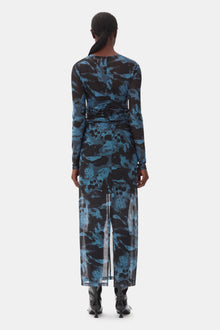 Printed Mesh O-neck Ruched Long Dress | Blue Shadow