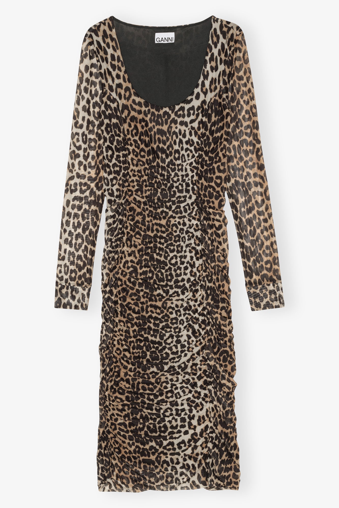 Printed Mesh U-neck Ruched Midi Dress | Leopard