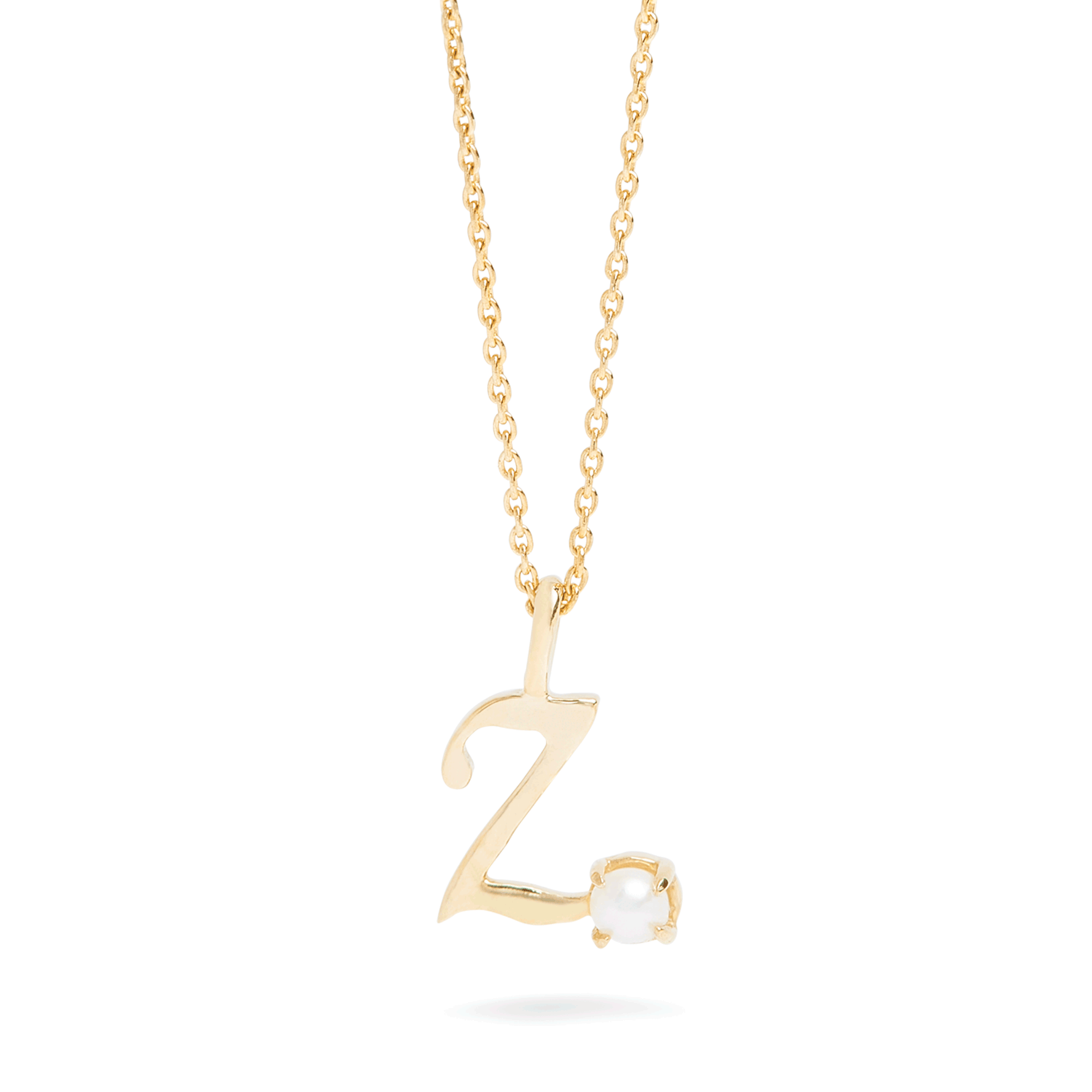 Teeny Pearl Cursive Initial Necklace | 10K Solid Yellow Gold