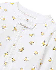 The Baby's Pima Romper in Tres Chick is a white, long-sleeve onesie with a yellow duckling print, footed bottoms, folded cuffs, and a zipper running from the collar to one leg.