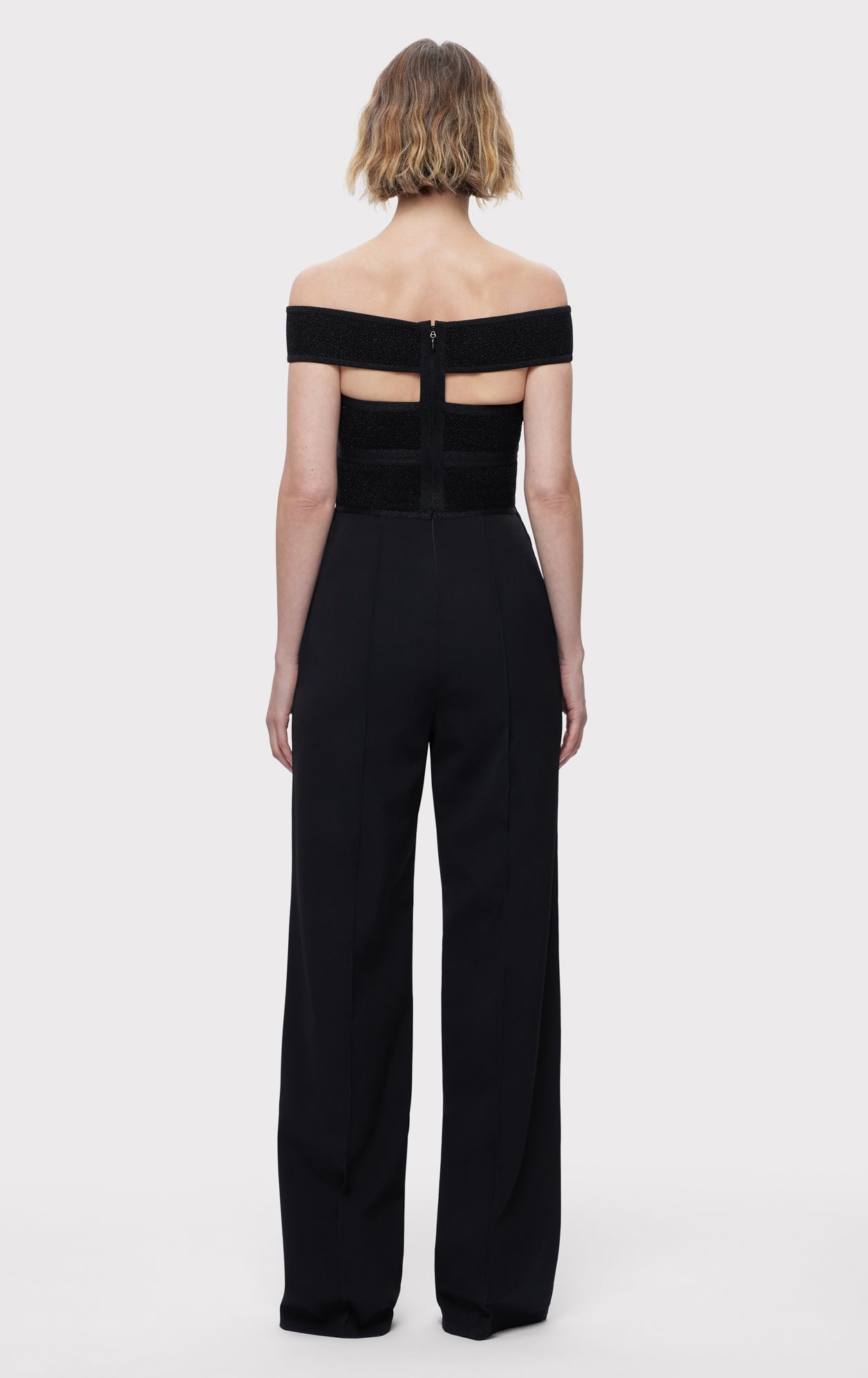 Textured Lurex Off Shoulder Jumpsuit | Metallic Black