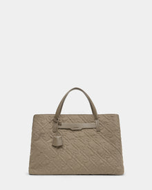 The Rudsak ASMINE - L325005 Almond is a taupe-colored, quilted monogram tote with double top handles and a small hanging tag, displayed on a plain white background.