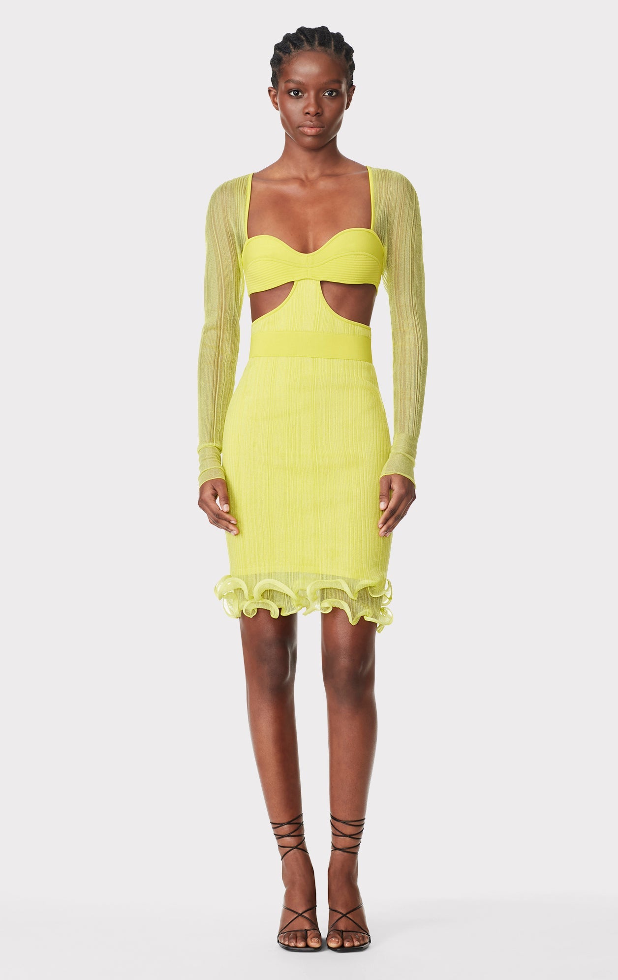 Sheer Layered Long Sleeve Mini Dress With Ruffle | Chartreuse