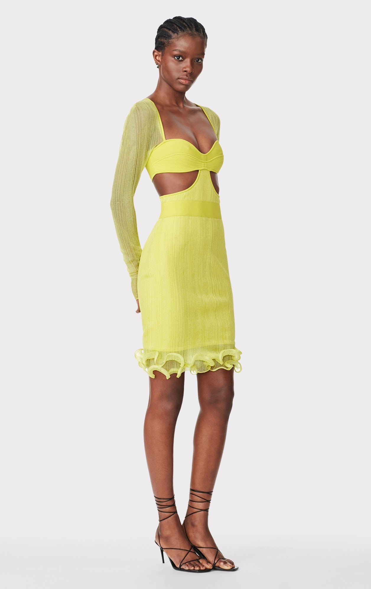 Sheer Layered Long Sleeve Mini Dress With Ruffle | Chartreuse