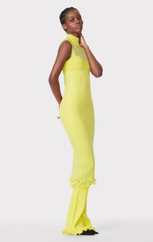 Sheer Layered Midi Dress With Ruffle | Chartreuse