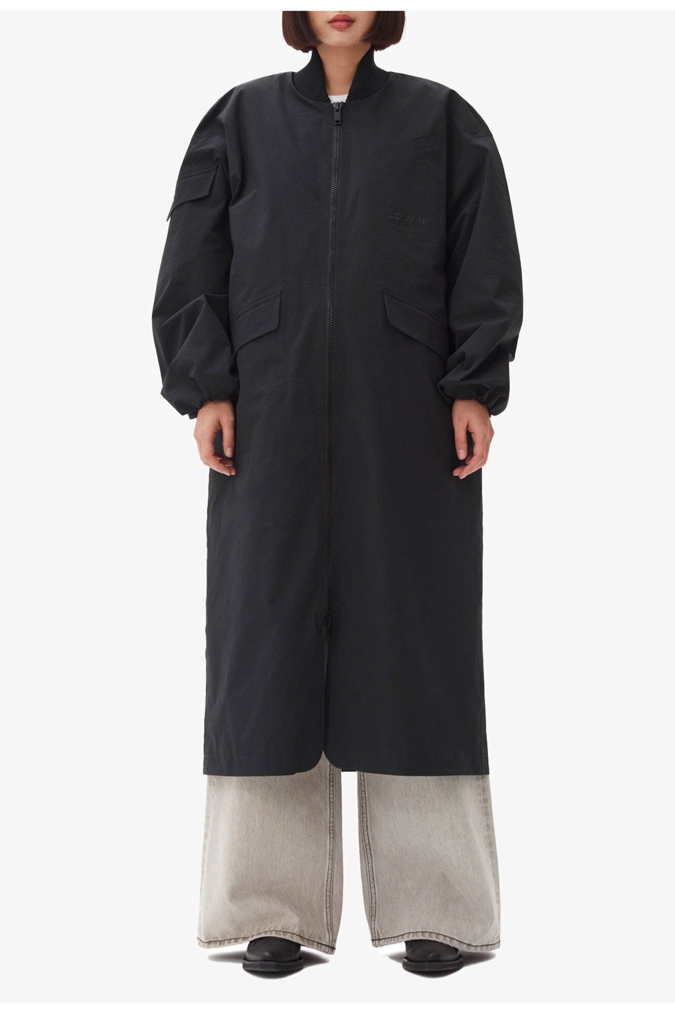 Tech Seersucker Oversized Shell Coat | Black