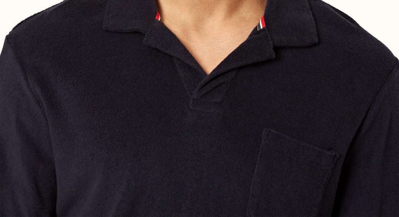 Terry Towelling O.B Stripe Tailored Fit Long-Sleeve Towelling Resort Polo Shirt | Night Iris
