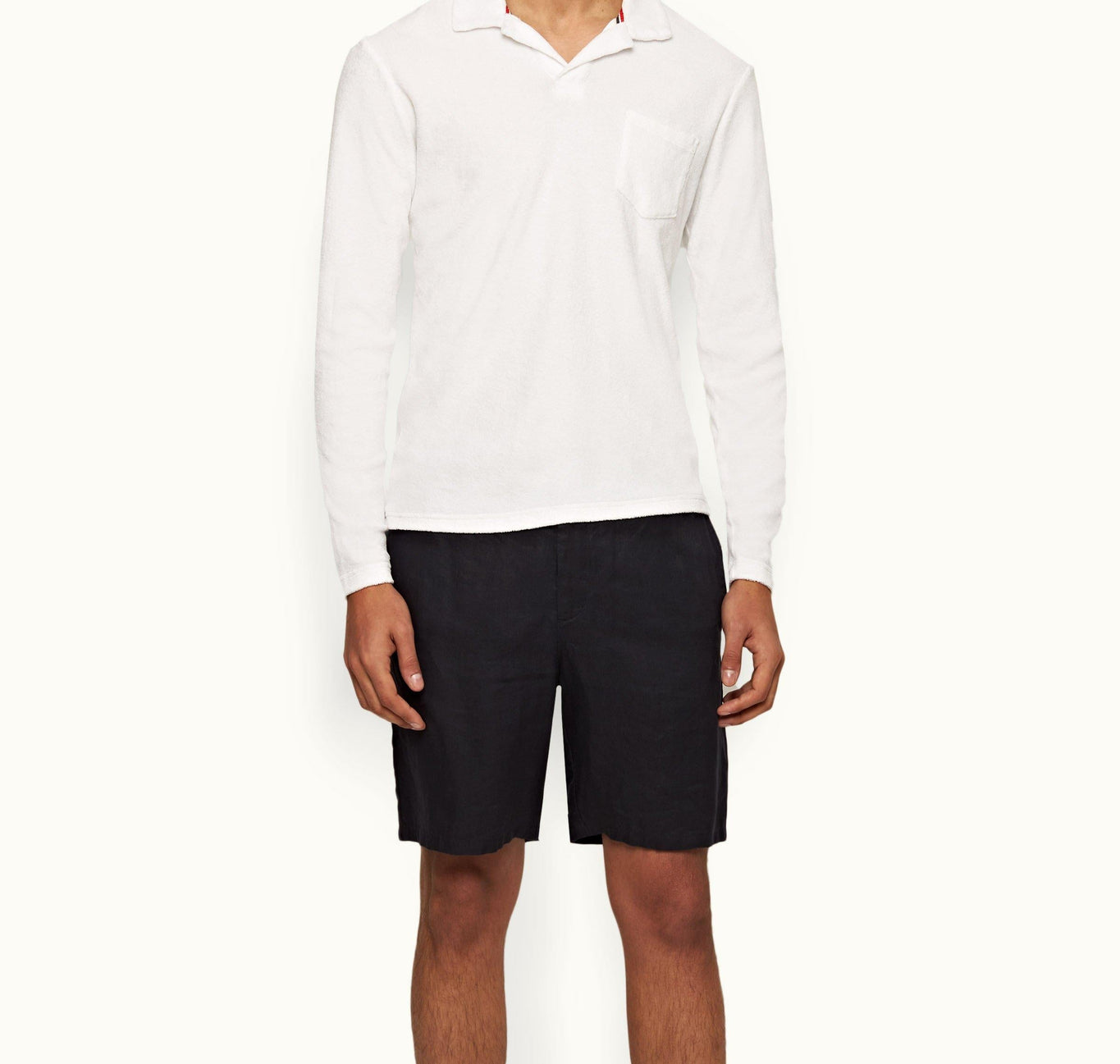 Terry Towelling O.B Stripe Tailored Fit Long-Sleeve Towelling Resort Polo Shirt | White