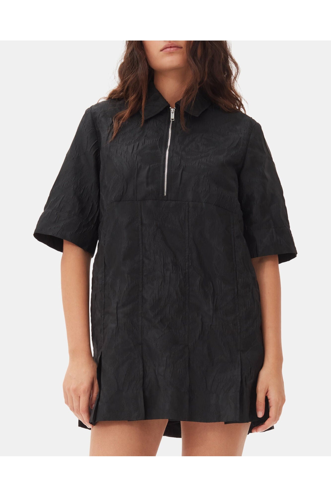 Textured Cloque Pleated Mini Dress | Black