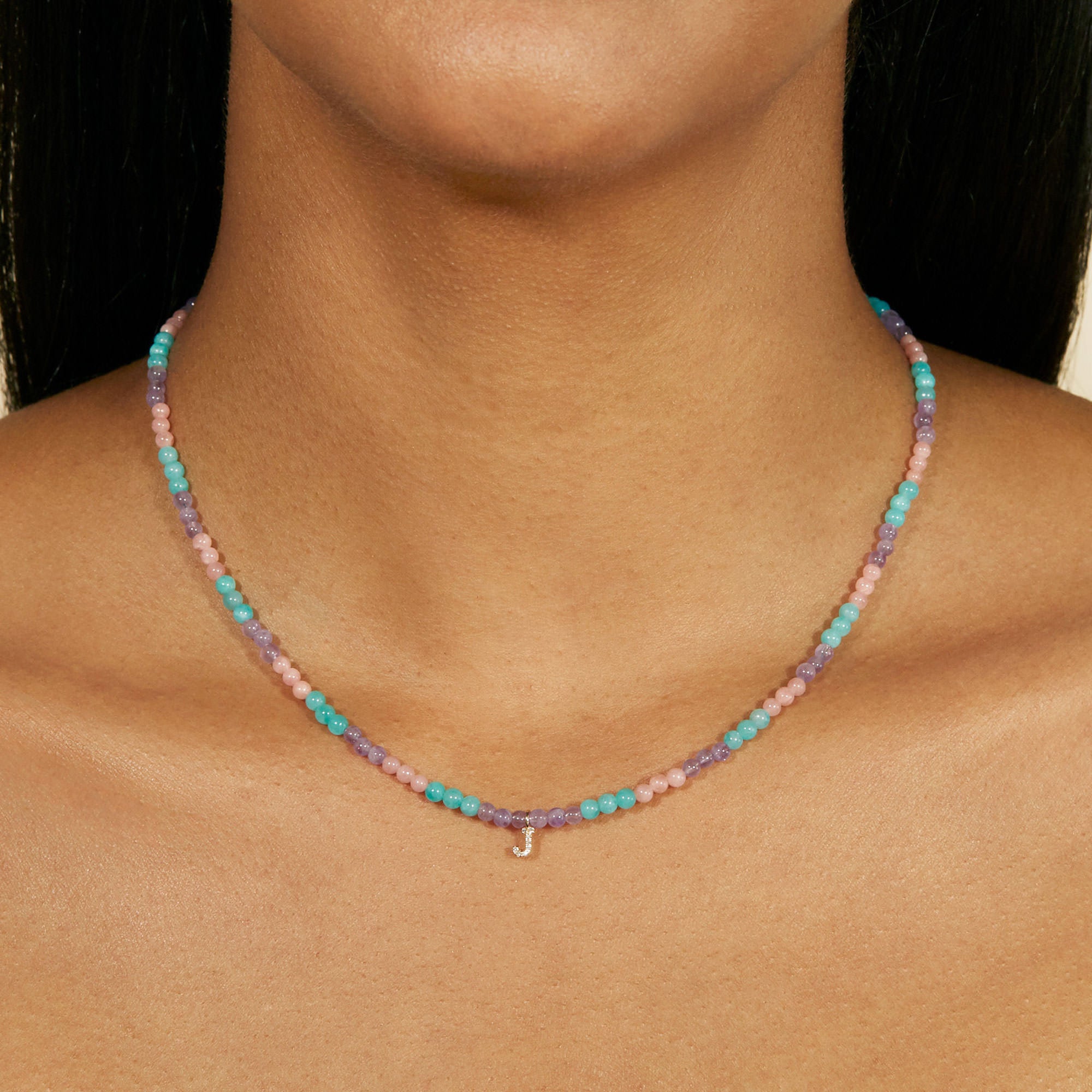 Unicorn Beaded Diamond Initial Necklace | 10K Solid Yellow Gold