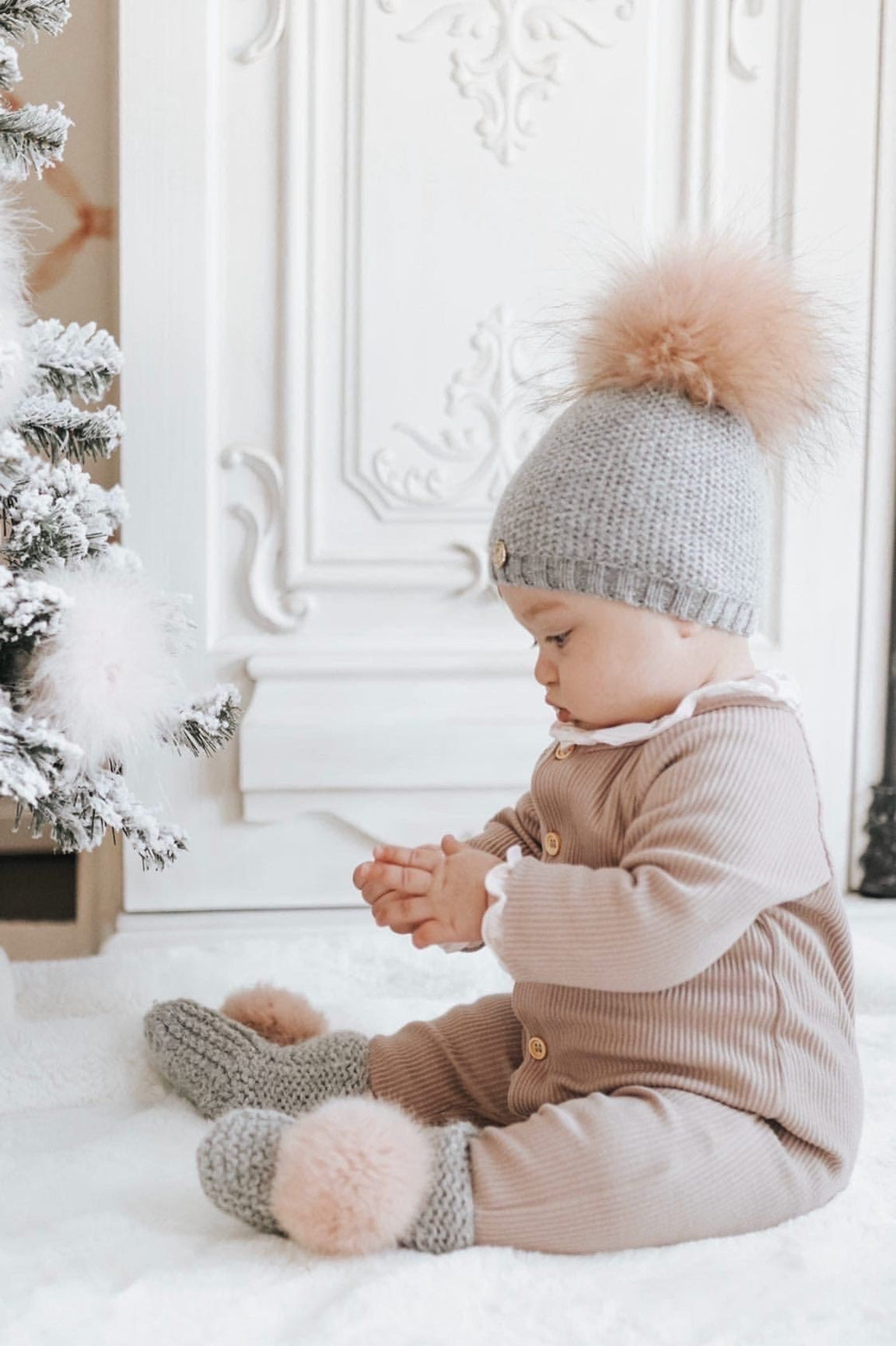 Unisex | Honeycomb Grey Cashmere Beanie Hats Pink Pom | Gray