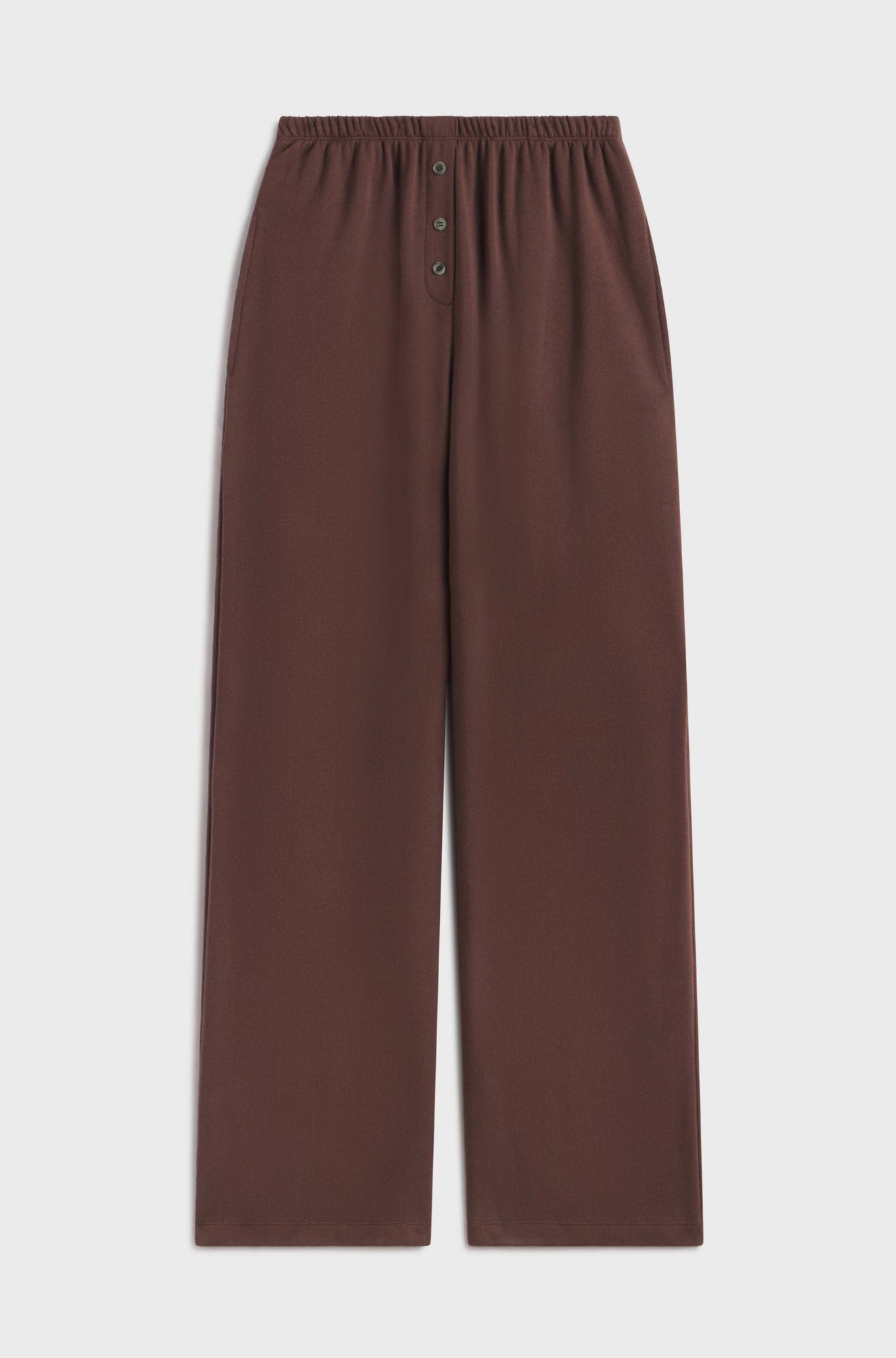 Brown pants with button fly on a white background