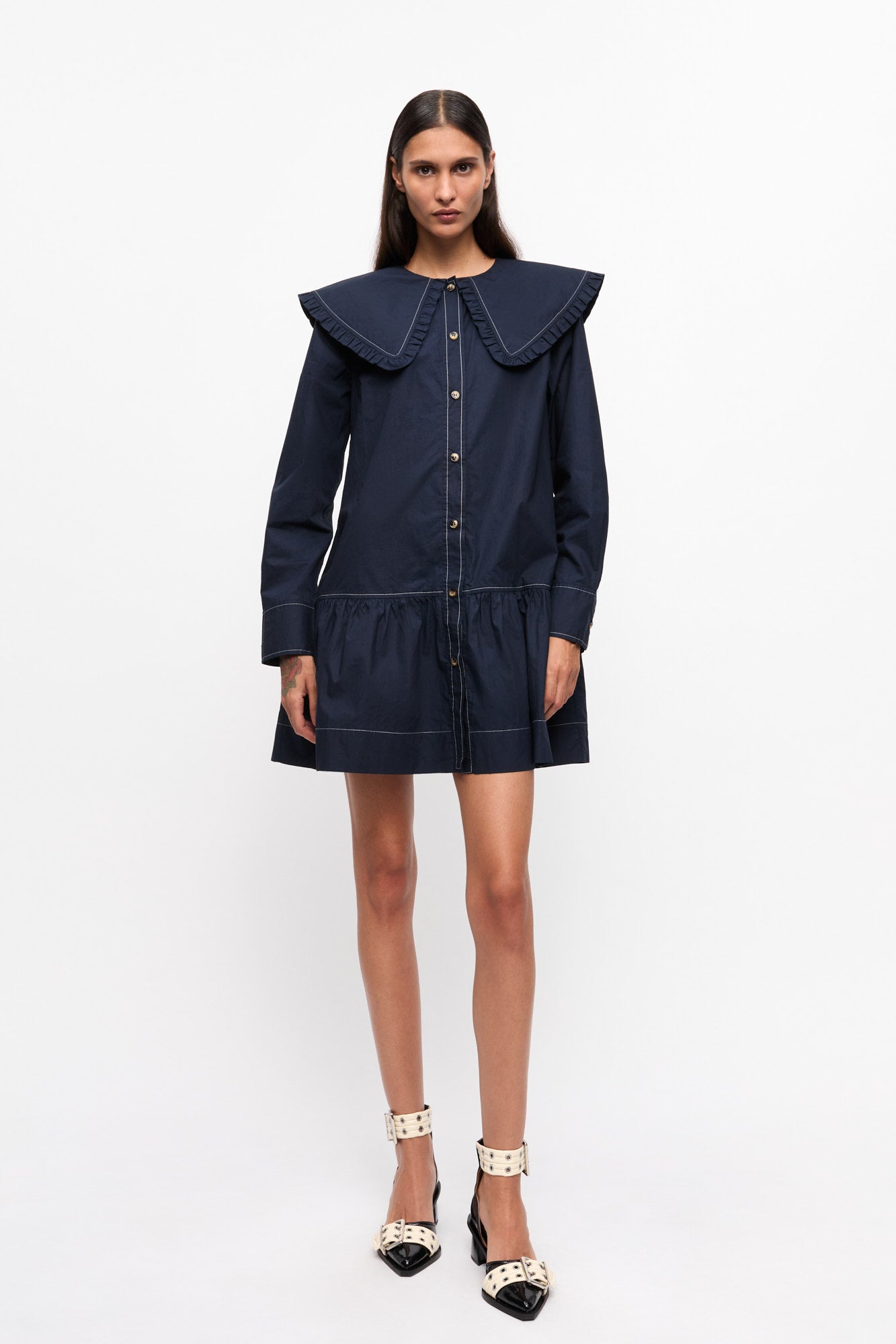 Cotton Poplin Big Collar Mini Shirt Dress | Sky Captain