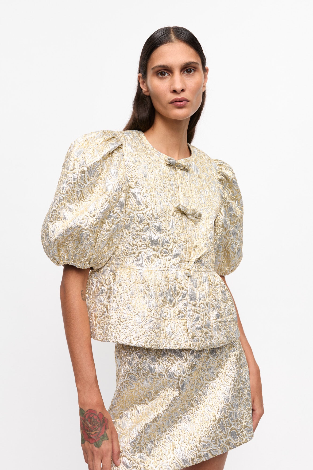 Metallic Cloque Peplum Blouse | Gold/Silver