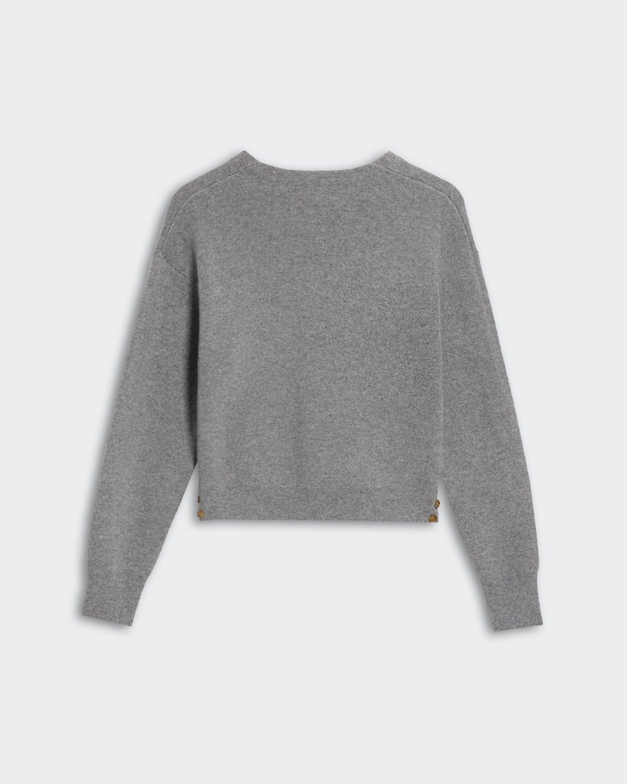Collegiate Cardigan - Heather Grey women's V-neck cashmere sweater with side slit and button details shown from back.